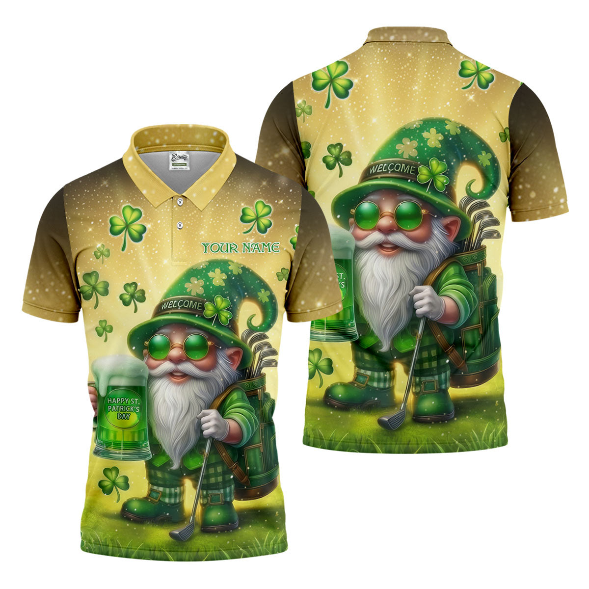 Happy St Patrick's Day Shamrock Gnome Golf And Beer Polo Shirts For Men, Golf Shirts For Men