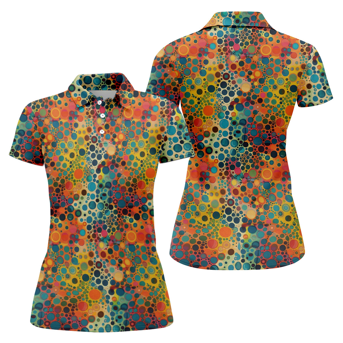 Vibrant Overlapping Dot and Circle Design Hawaiian Golf Polo, Golf Tops For Women, Golfing Apparel