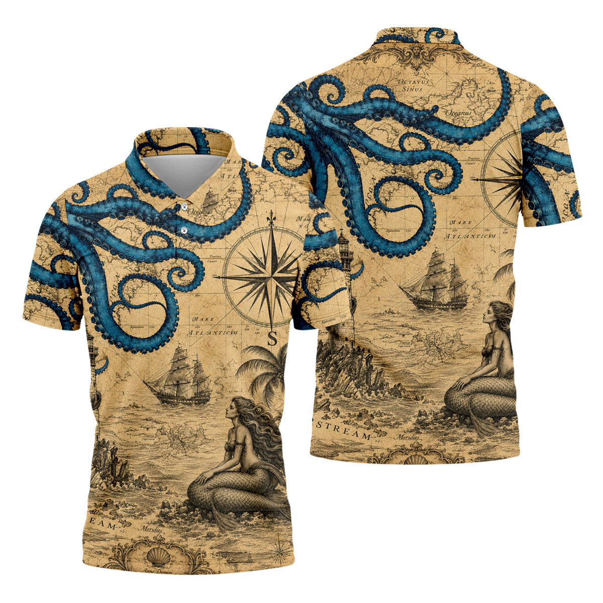 Mermaid Princess Vintage Nautical Hawaiian Golf Shirt, Men's Golf Shirt, Polo Shirts For Men