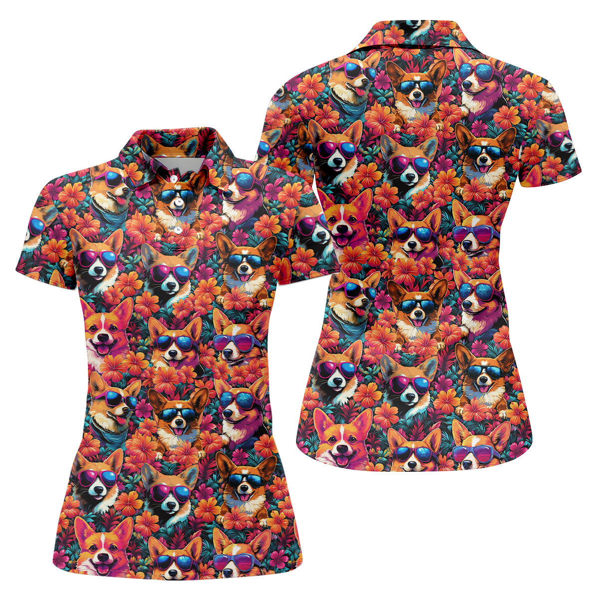 Tropical Corgi Floral Pattern Hawaiian Golf Polo, Golf Tops For Women, Golfing Apparel