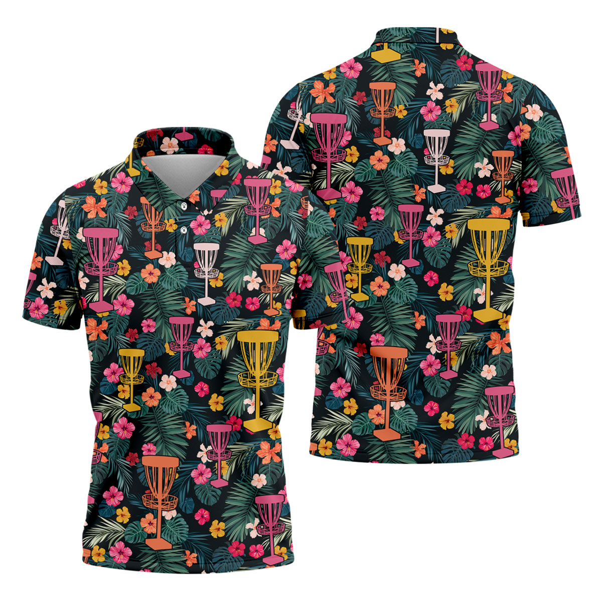 Dark Tropical Disc Golf Basket Polo Shirt, Printed Golf Shirts, Golf Apparel For Men