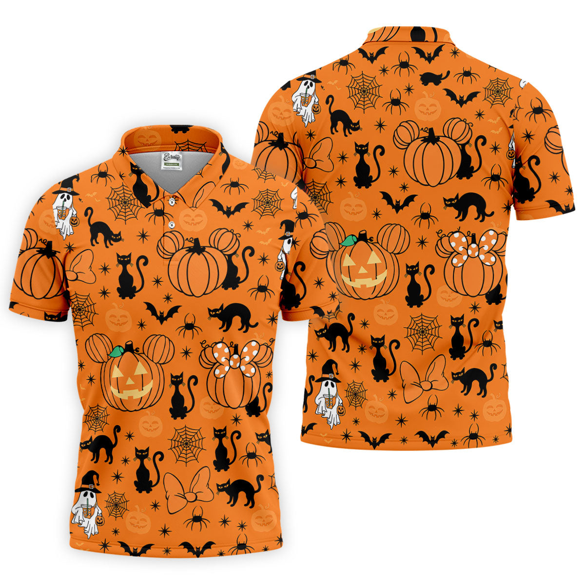 Black Cat and Pumpkin Halloween Polo Shirt, Golf Polo Apparel, Mens Golf Outfit