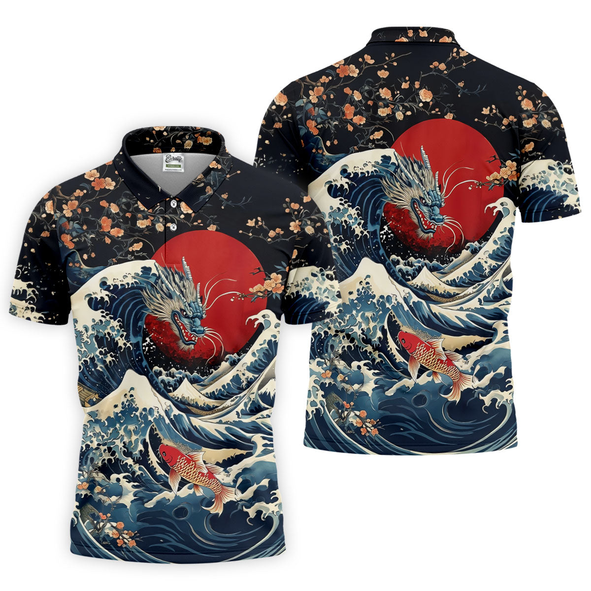 Japanese Dragon Koi Wave Hawaiian Golf Shirt, Mens Golf Apparel, Golf Polo Shirts For Men