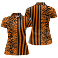 Orange Tiger Stripe Split Pattern Golf Shirt, Women's Golf Tops, Ladies Golf Shirts, Printed Golf Shirt