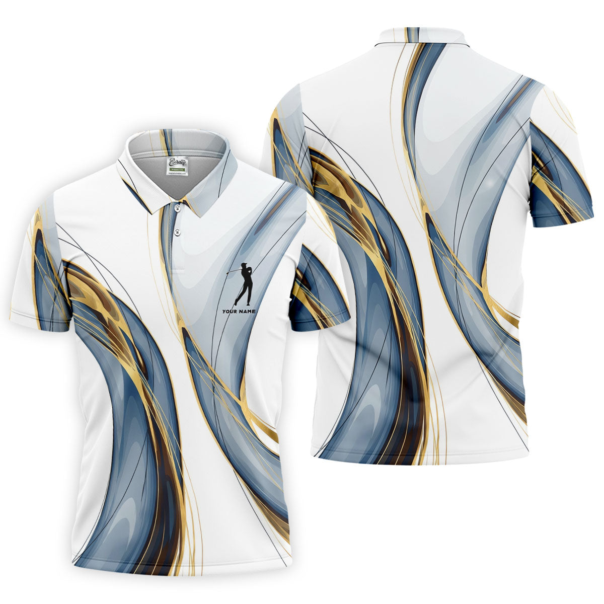 Elegant Blue Gray and Gold Swirl Pattern Hawaiian Golf Polo, Golf Tops For Men, Golfing Apparel