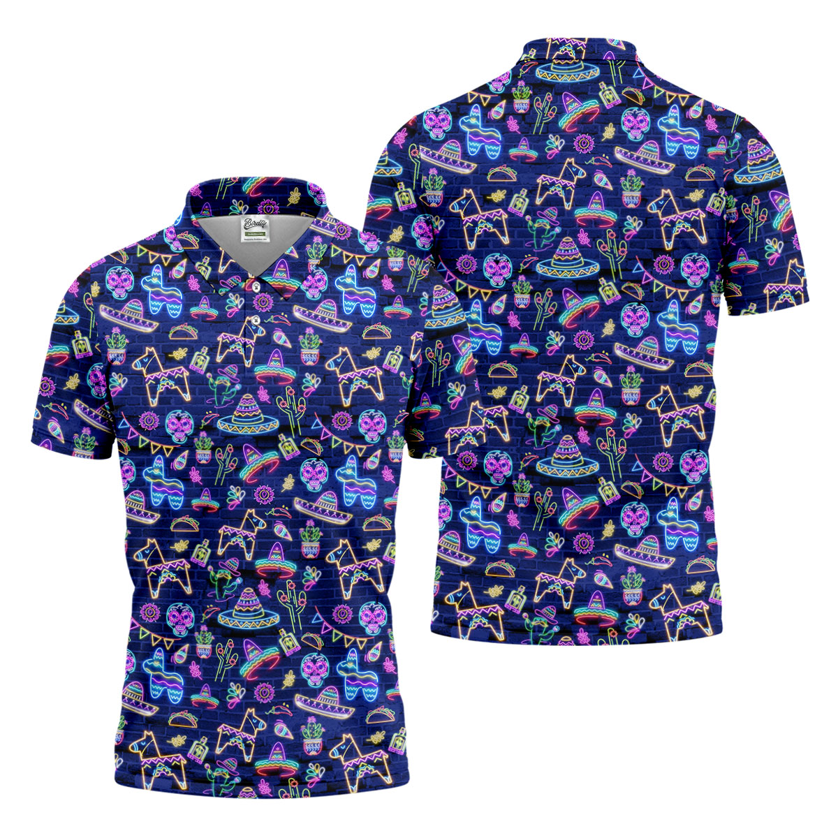 Mexican Holiday Symbols Neon Pattern Cinco De Mayo Celebration Fiesta Themed Golf Shirts For Men