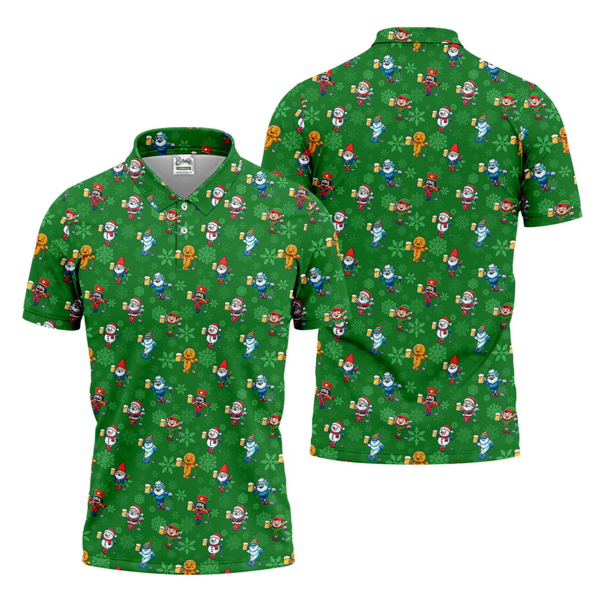 Christmas Characters Golf And Beer Green Men's Funny Golf Shirts, Christmas Golf Shirt, Polo Shirts For Men