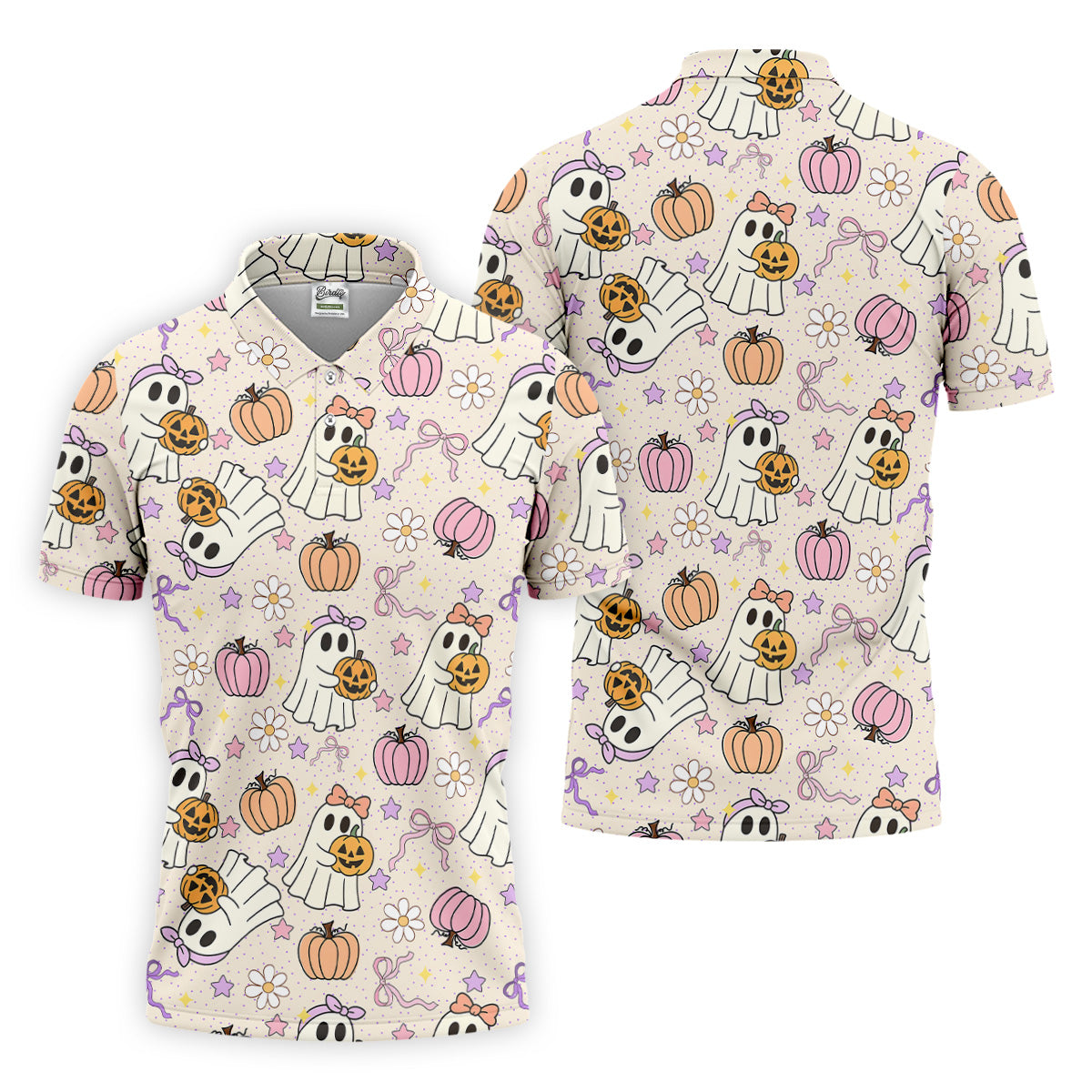 Halloween Seamless Pattern Cute Golf Shirt, Retro Halloween Polo Shirts For Men, Golfing Apparel