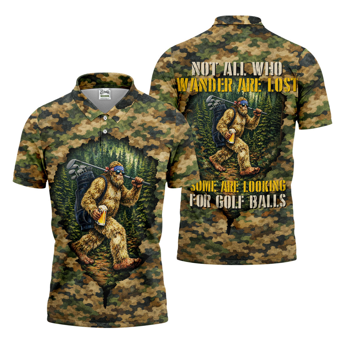 Camo Bigfoot Golfer Drinking Beer Polo Shirt, Mens Golf Shirts, Golf Apparel For Men