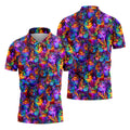 Psychedelic Cat Golf Shirt, Colorful Neon Cat Pattern, Polo Shirts For Men