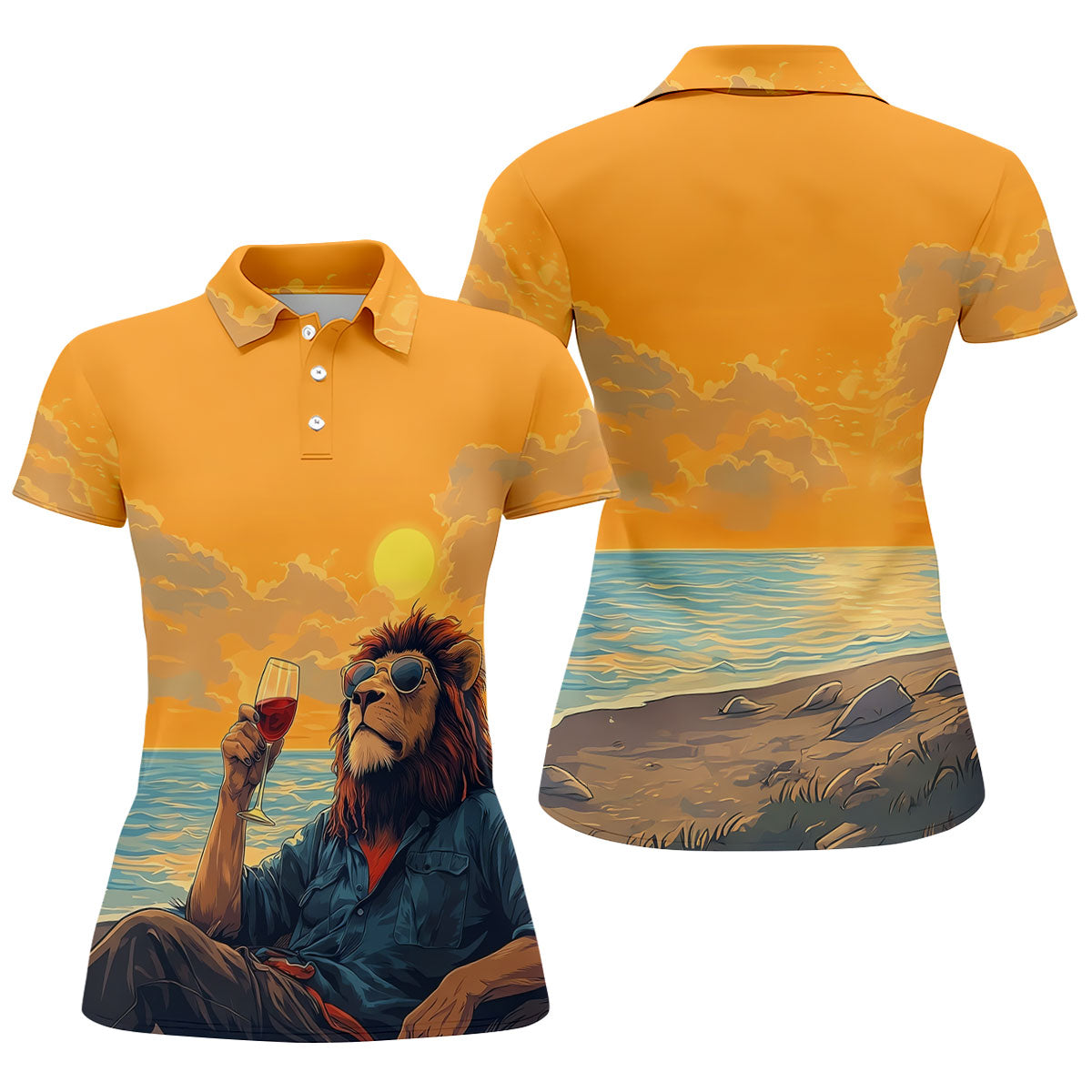 Lion Gentleman Sunset Reserve Hawaiian Golf Shirt, Women's Golf Tops, Ladies Golf Shirts