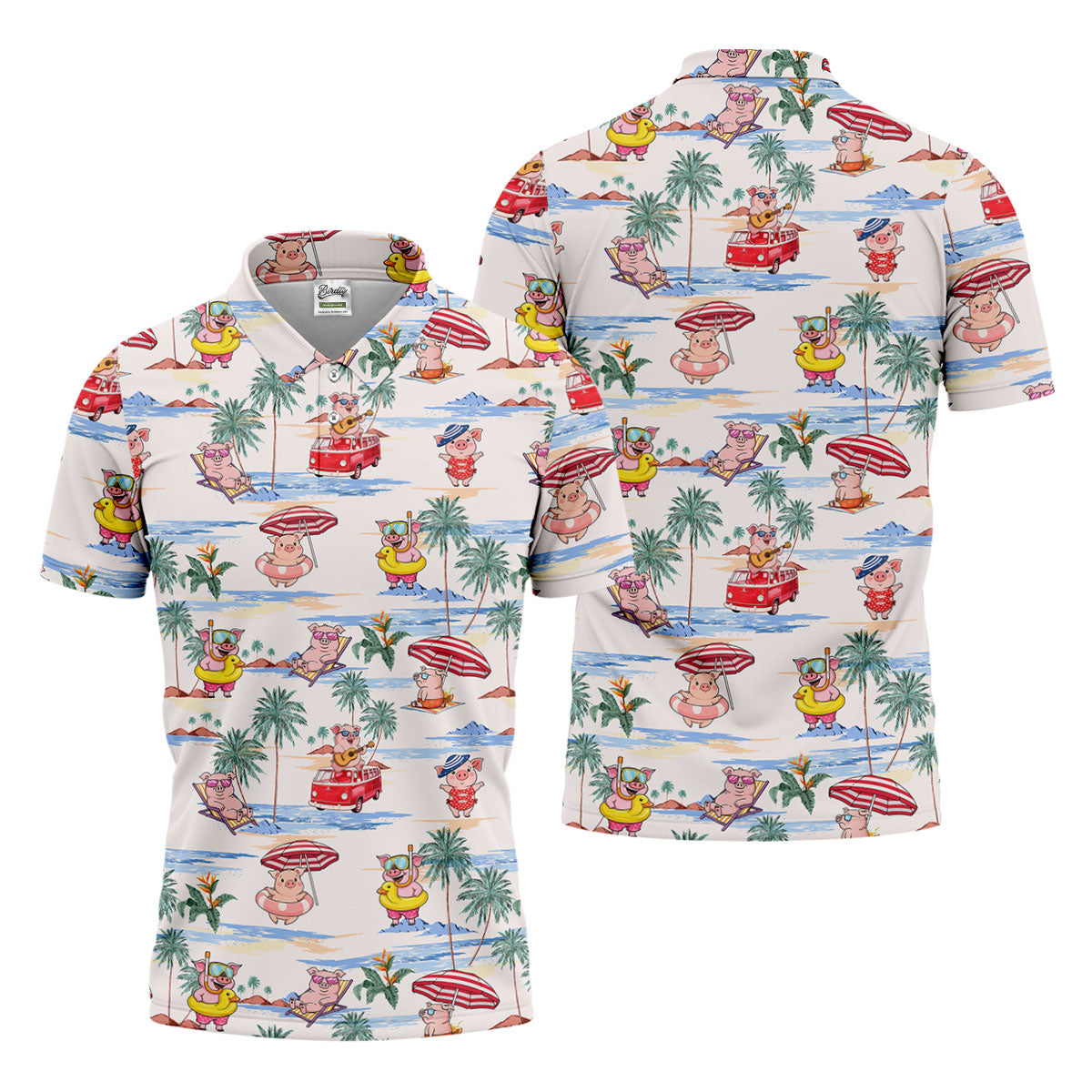 Cute Pig Beach Adventure Hawaiian Golf Polo, Golf Tops For Men, Golfing Apparel