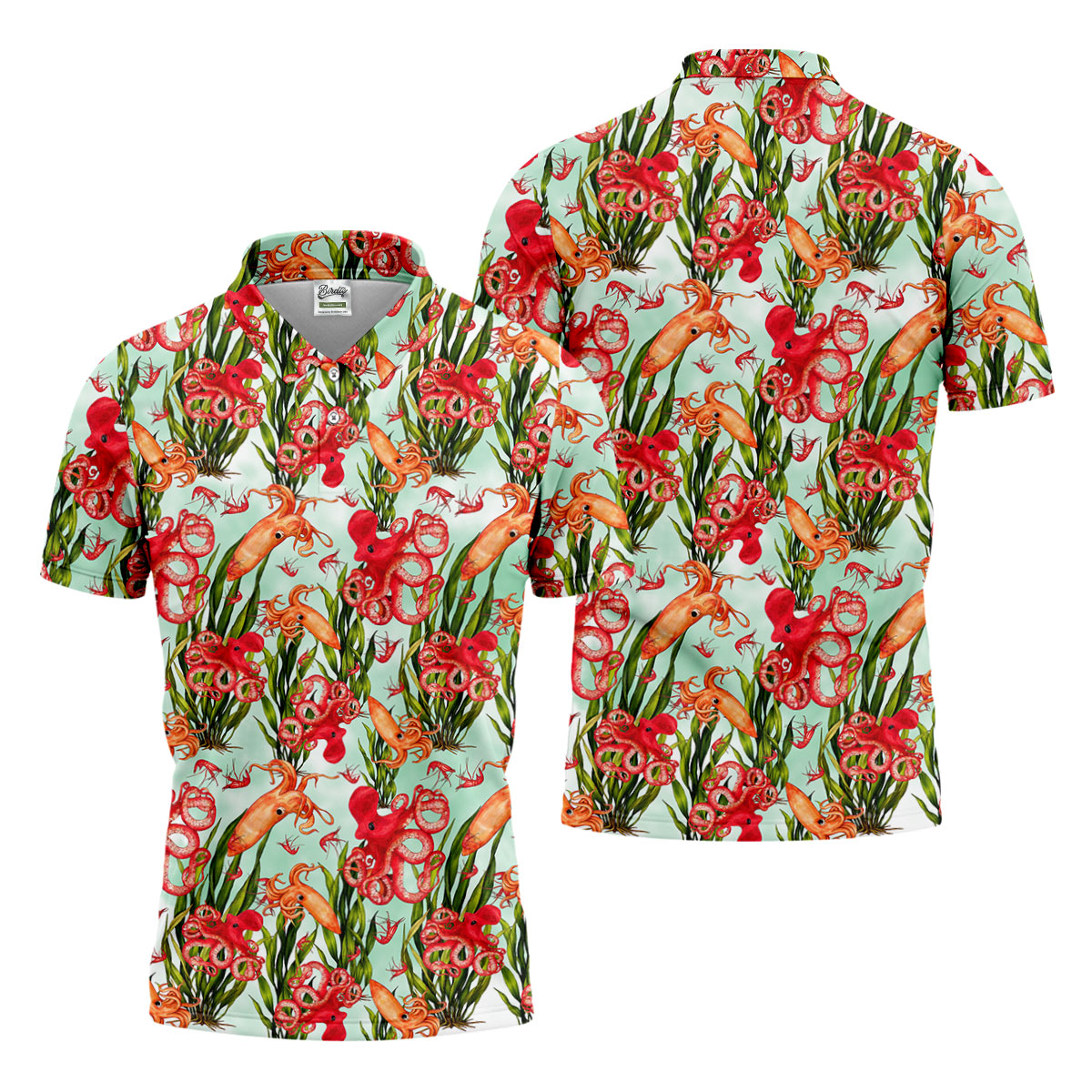 Tropical Cephalopods Among Seaweed  Hawaiian Golf Polo, Golf Tops For Men, Golfing Apparel