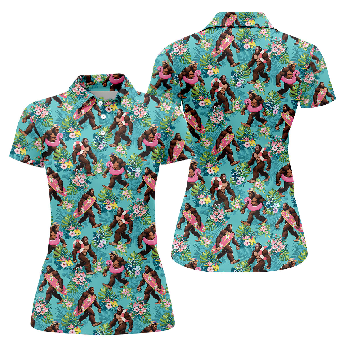 Aqua Blue Bigfoot Beach Party Hawaiian Golf Shirt, Women's Golf Tops, Ladies Golf Shirts