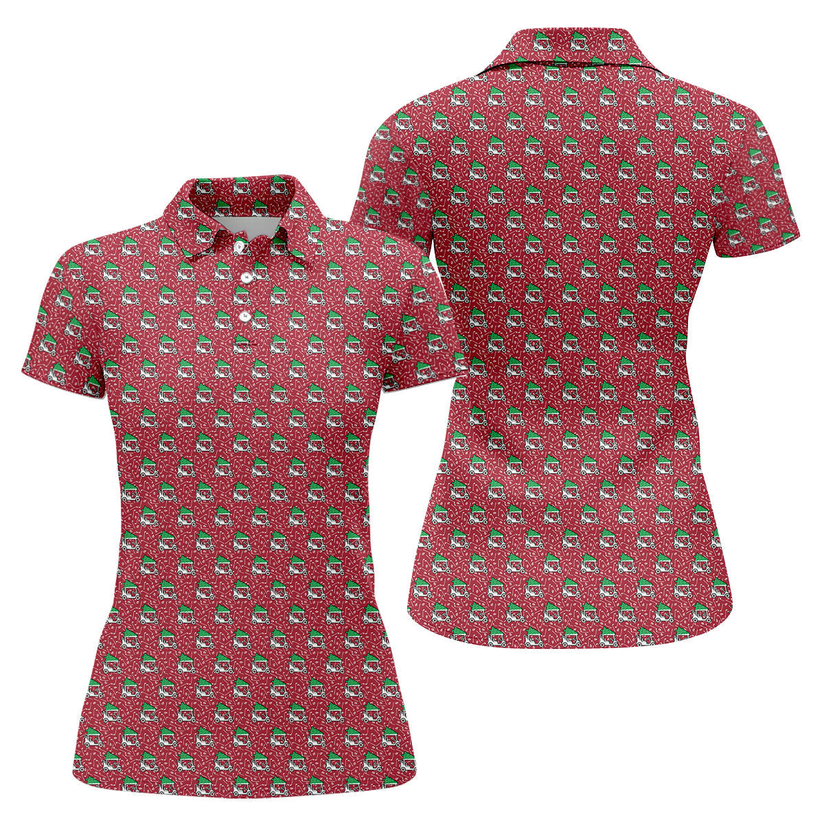 Christmas Golf Cart Pattern Red Women's Golf Tops, Christmas Golf Shirt, Polo Shirts For Women