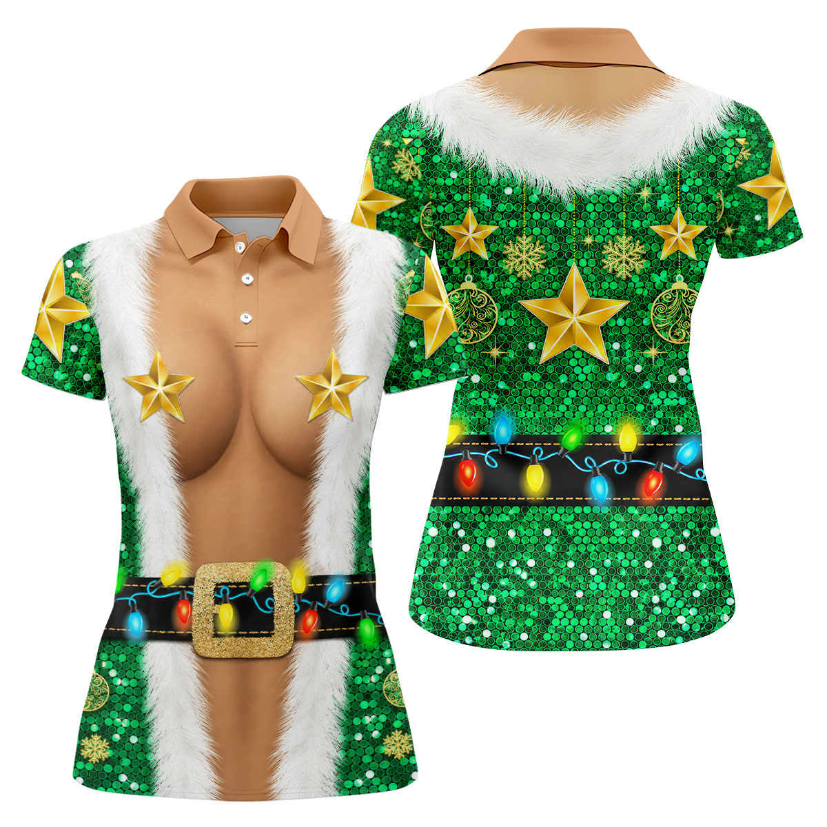 Green Santa Gold Stars Christmas Golf Shirt, Ladies Golf Shirt, Women’s Golf Apparel