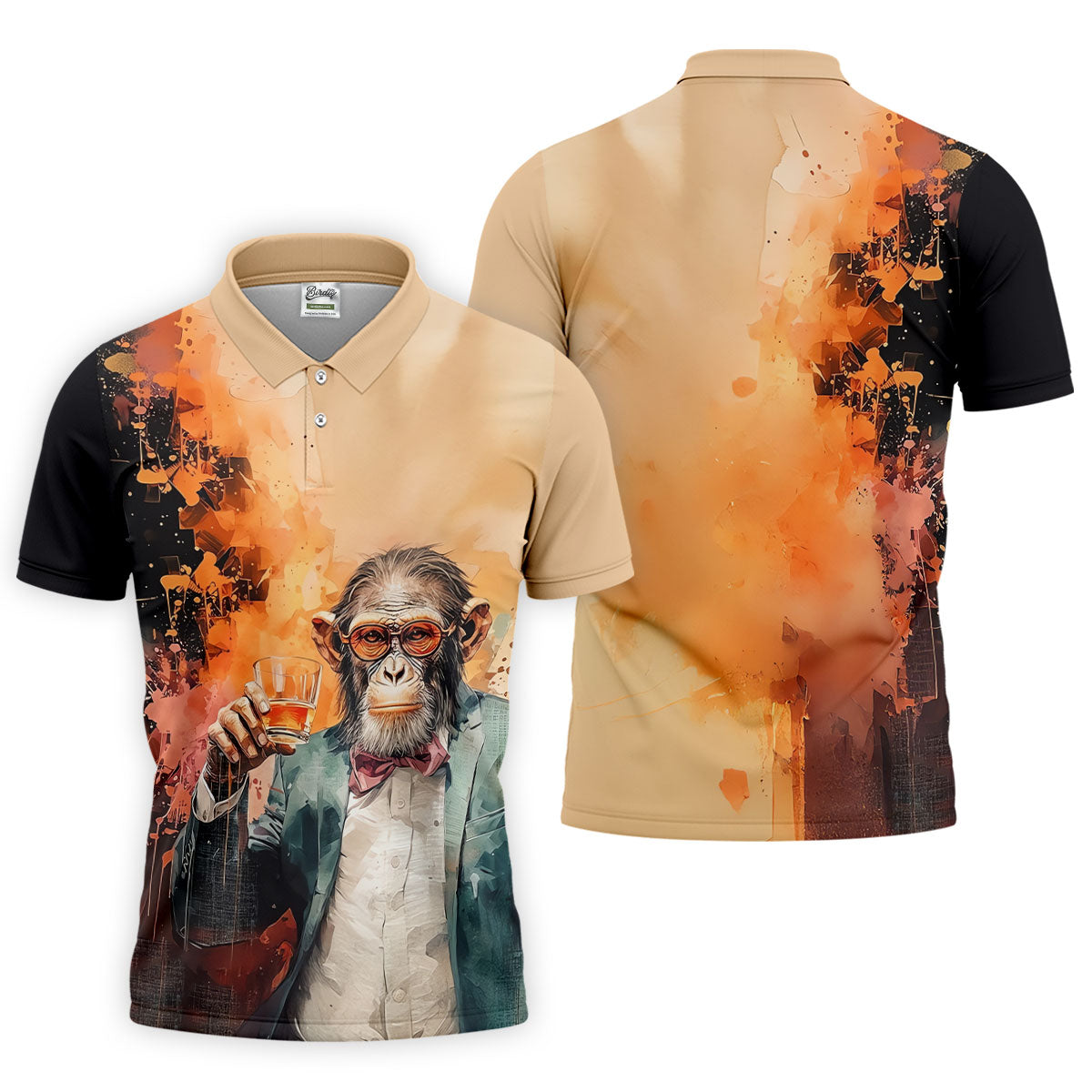Gentleman Monkey Whiskey Golden Sunset Hawaiian Golf Polo, Golf Tops For Men, Golfing Apparel
