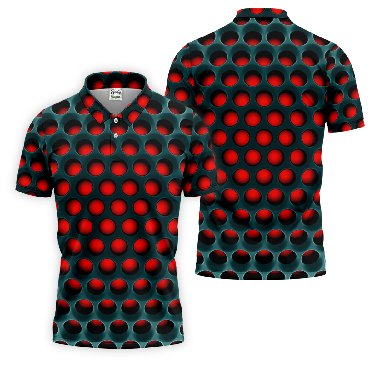 3D Effect Circular Pattern Red Golf Shirt, Cool Golf Outfit, Men's Funny Golf Shirts, Polo Shirts For Men