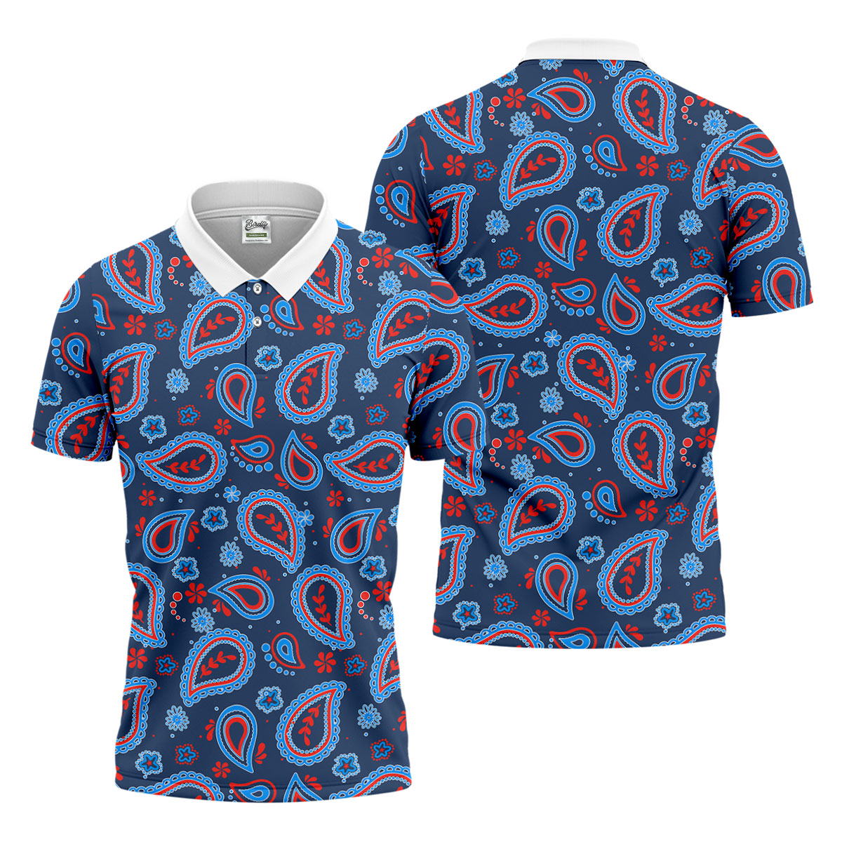 Blue Red Paisley Pattern Golf Polo Shirt, Golf Shirts For Men, Hawaiian Golf Shirt