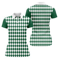 Green And White Argyle Pattern Retro Golf Shirt, Women's Golf Tops, Ladies Golf Polos, Ladies Golf Shirts
