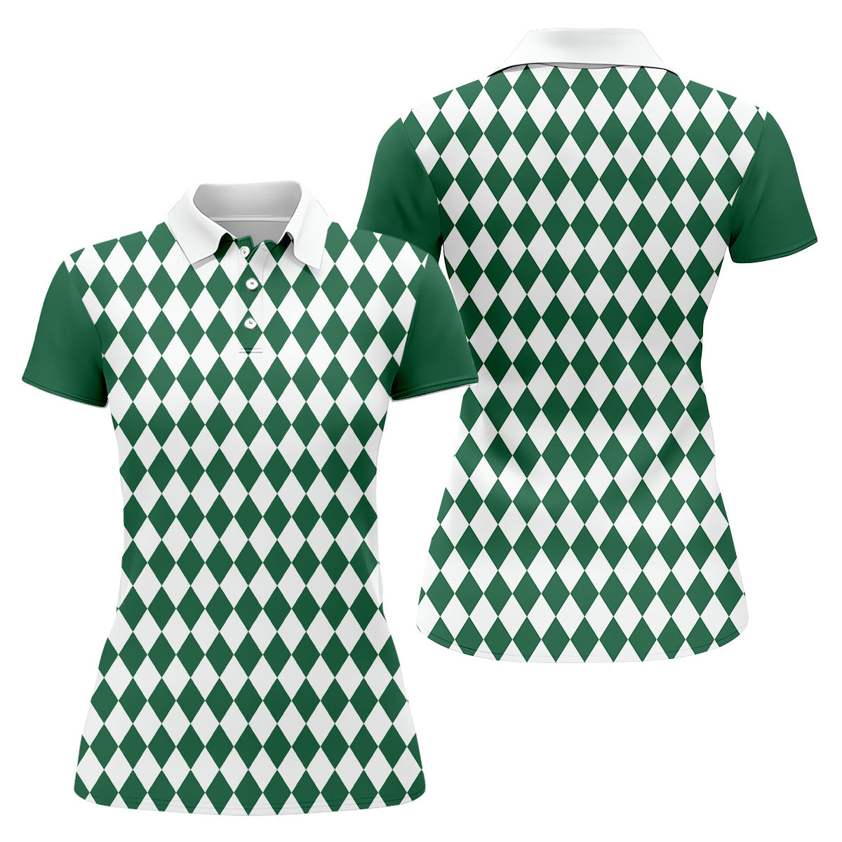Green And White Argyle Pattern Retro Golf Shirt, Women's Golf Tops, Ladies Golf Polos, Ladies Golf Shirts