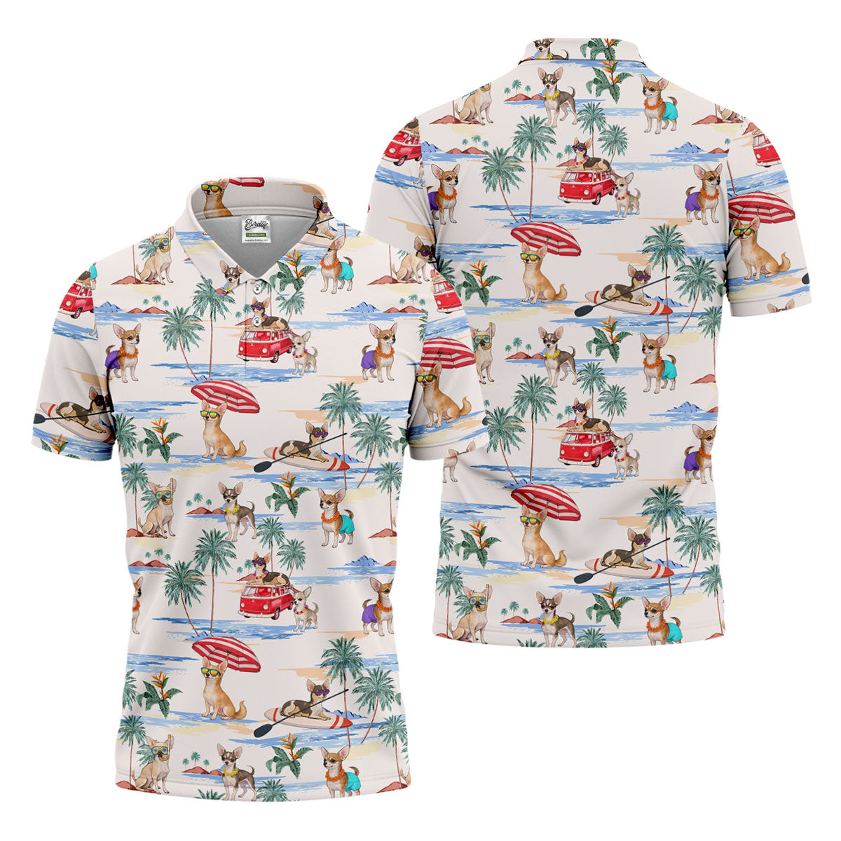 Summer Chihuahua Paradise Pattern Hawaiian Golf Polo, Golf Tops For Men, Golfing Apparel