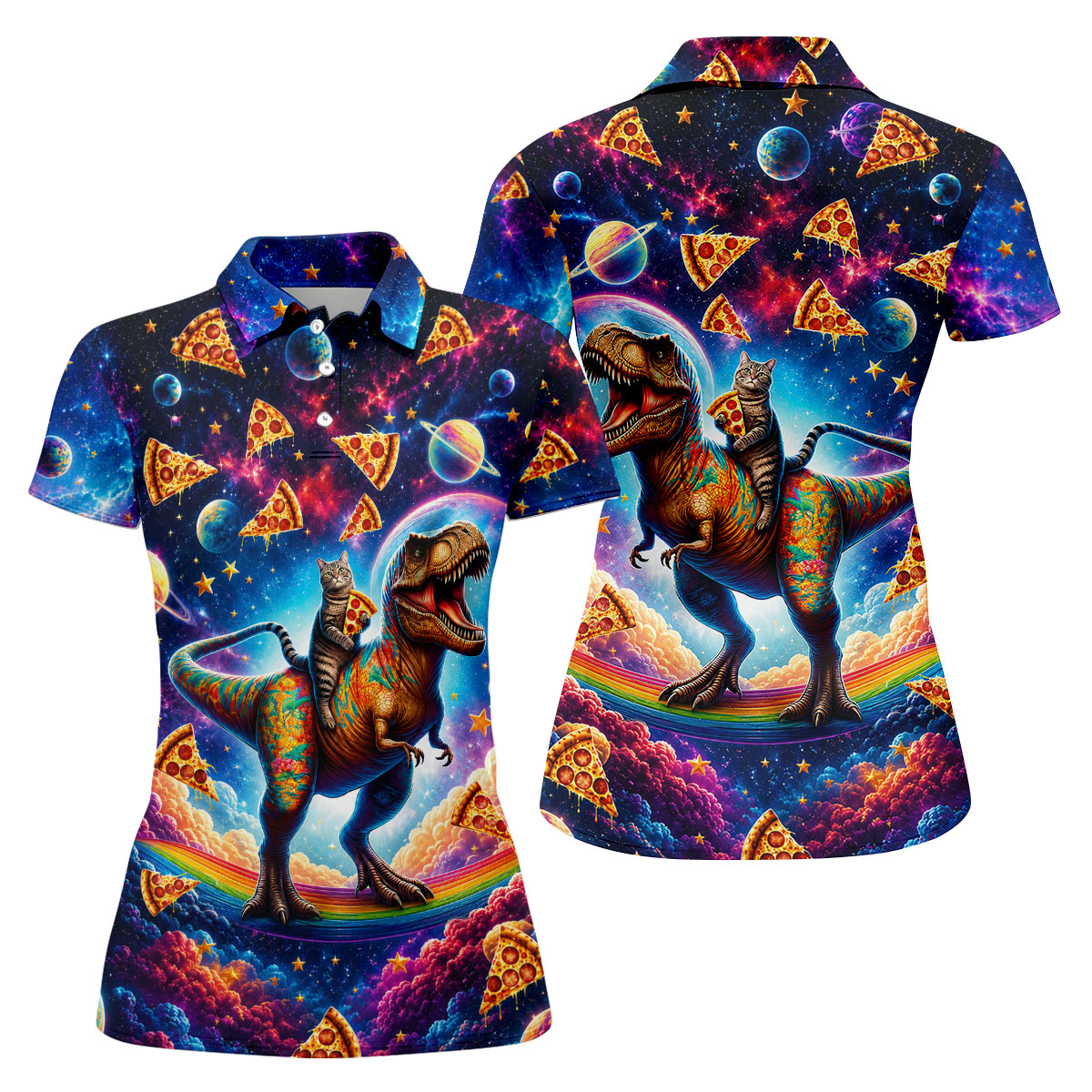 Pizza Space Cat Rainbow Dinosaur Hawaiian Golf Shirt, Women's Golf Tops, Ladies Golf Shirts