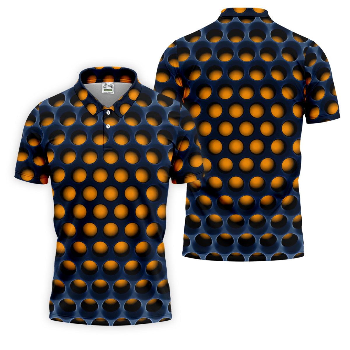 3D Effect Circular Pattern Orange Golf Shirt, Cool Golf Outfit, Men's Funny Golf Shirts, Polo Shirts For Men