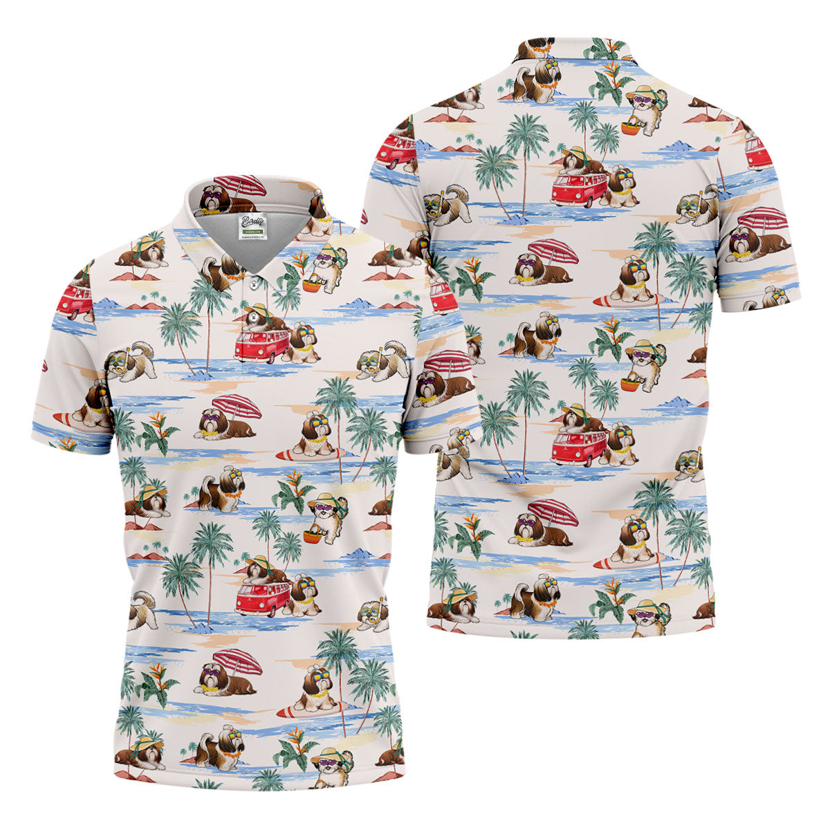 Beach Vacation Shih Tzu Print Hawaiian Golf Polo, Golf Tops For Men, Golfing Apparel