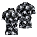 White Hibicus Black Hawaiian Golf Shirt, Tropical Summer Theme Golf Shirts For Men