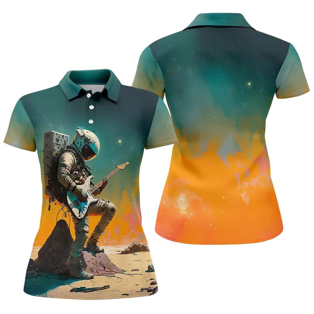 Astronaut Rock Guitar Teal Sunset Hawaiian Golf Polo, Golf Tops For Women, Golfing Apparel