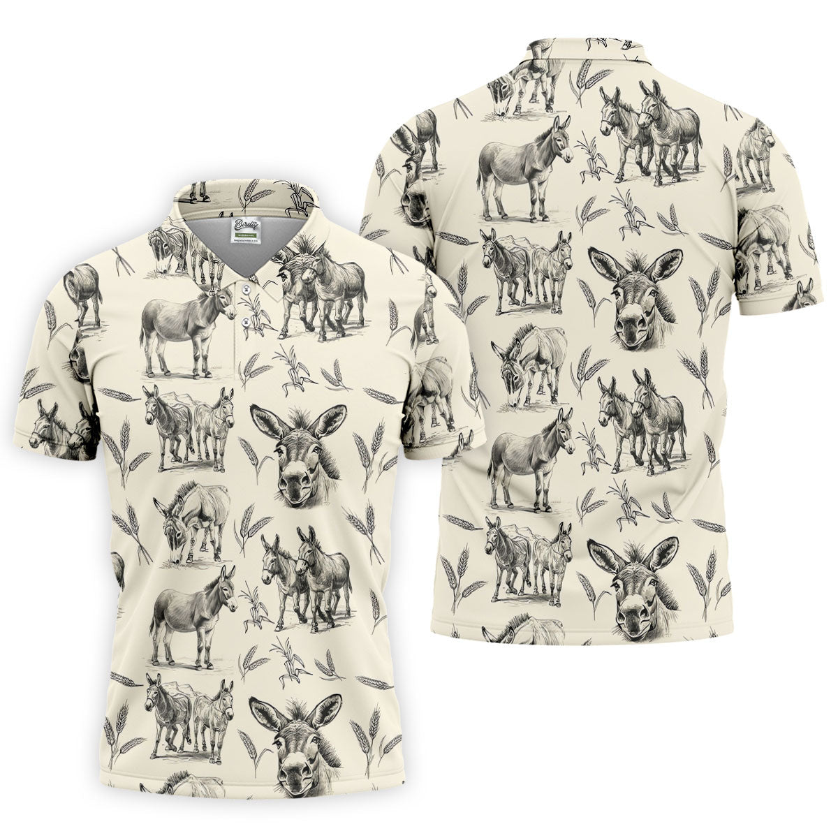 Vintage Donkey Sketch Pattern Hawaiian Golf Polo Shirt, Hawaiian Golf Shirt, Golf Shirts For Men