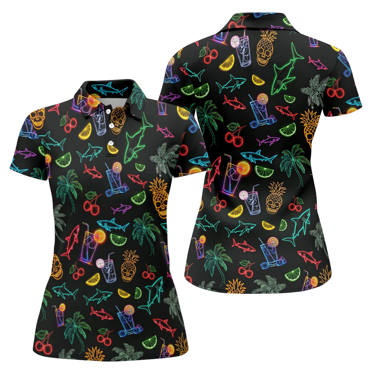 Neon Shark And Cocktail Pattern Hawaiian Golf Shirt, Women's Golf Tops, Ladies Golf Shirts