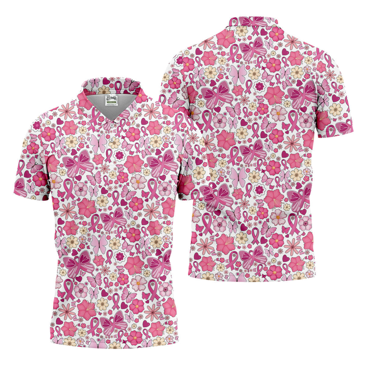 Breast Cancer Pink Ribbon Floral Golf Shirt, Cancer Awareness Shirt, Polo Shirts For Men, Golfing Apparel