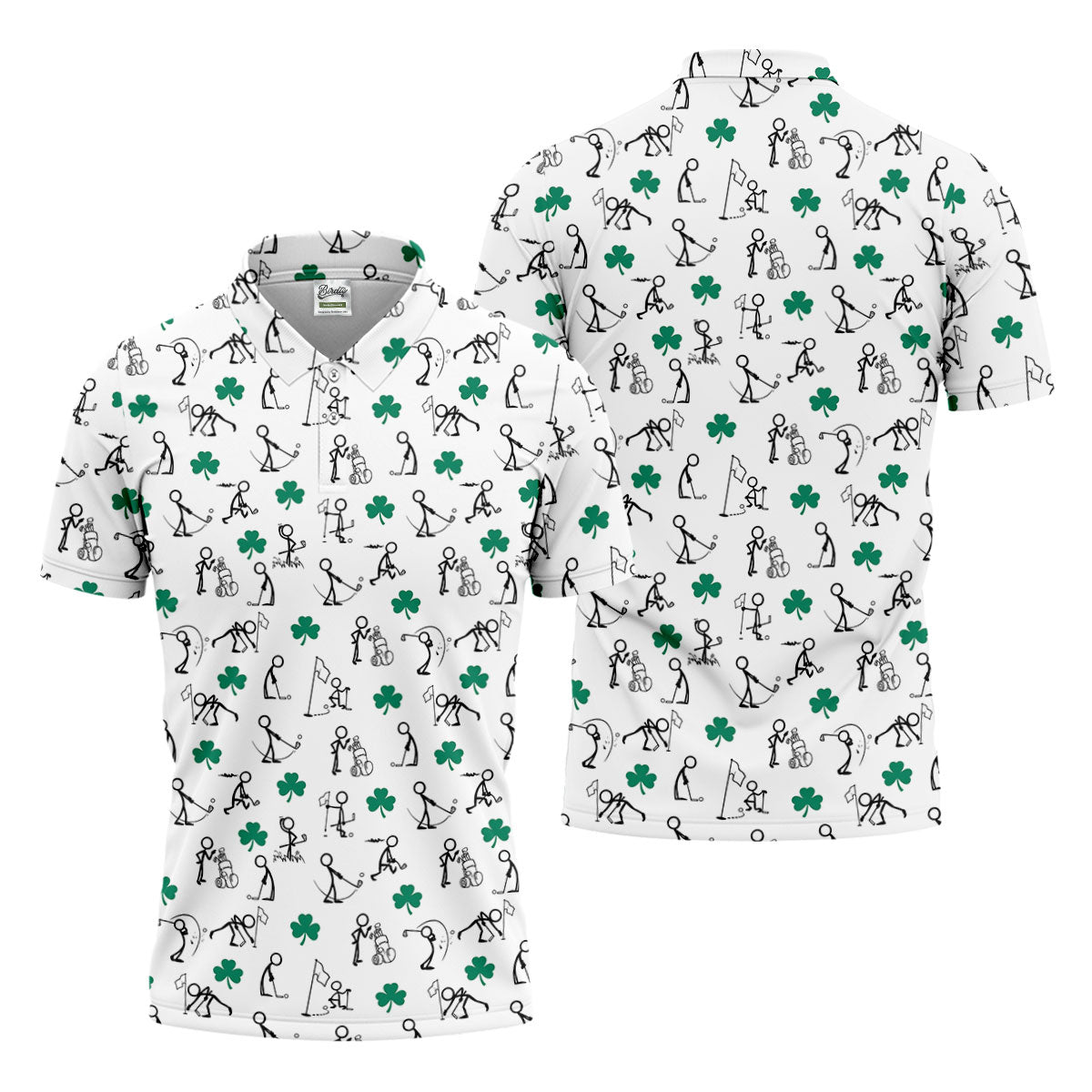 Stick Figure Golf Pose St Patrick's Day Shamrock White Golf Shirt, Polo Shirts For Men, Golf Shirts For Men