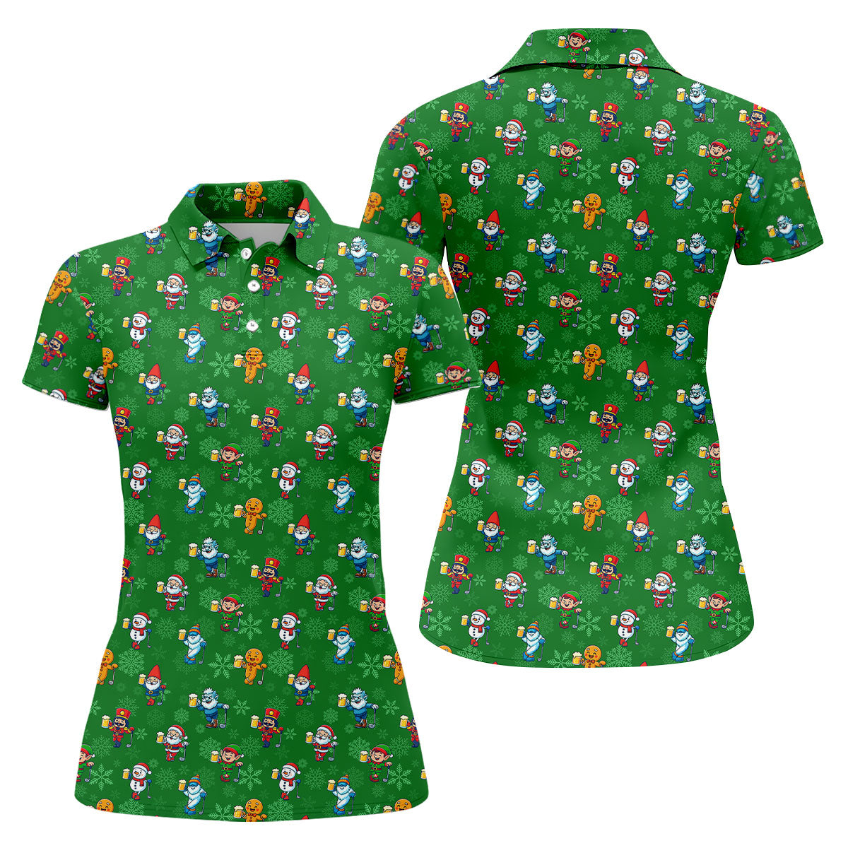 Christmas Characters Golf And Beer Green Women's Funny Golf Shirts, Christmas Golf Shirt, Polo Shirts For Women