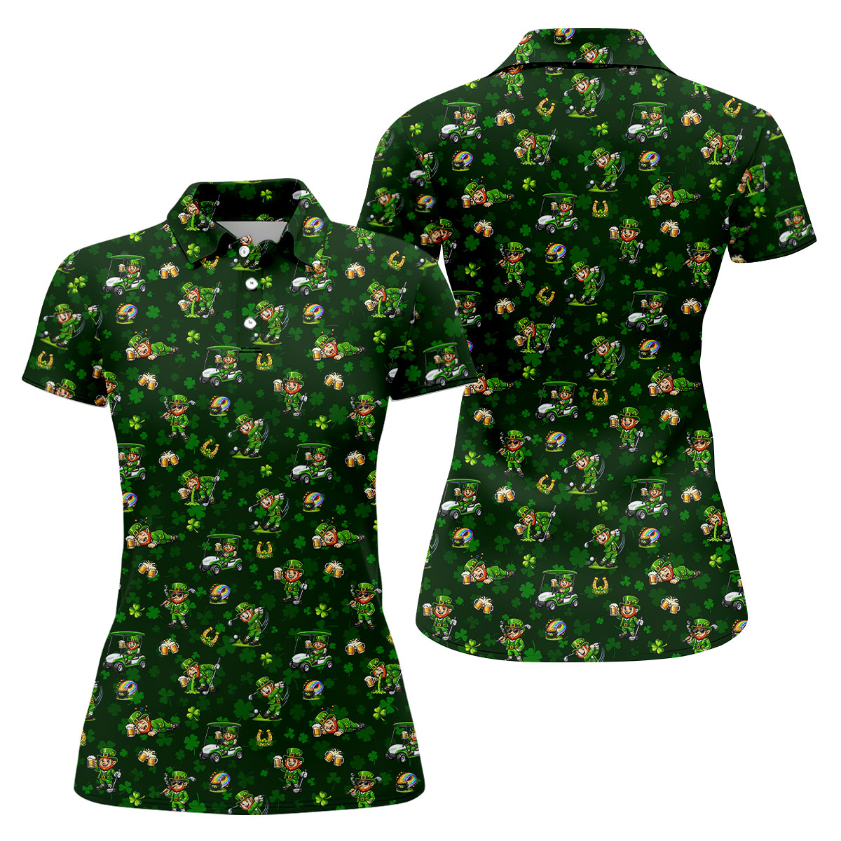 St Patrick's Day Leprechaun Golf Pose Shamrock Golf Shirt, Fun Women's Golf Shirts, Ladies Golf Polos