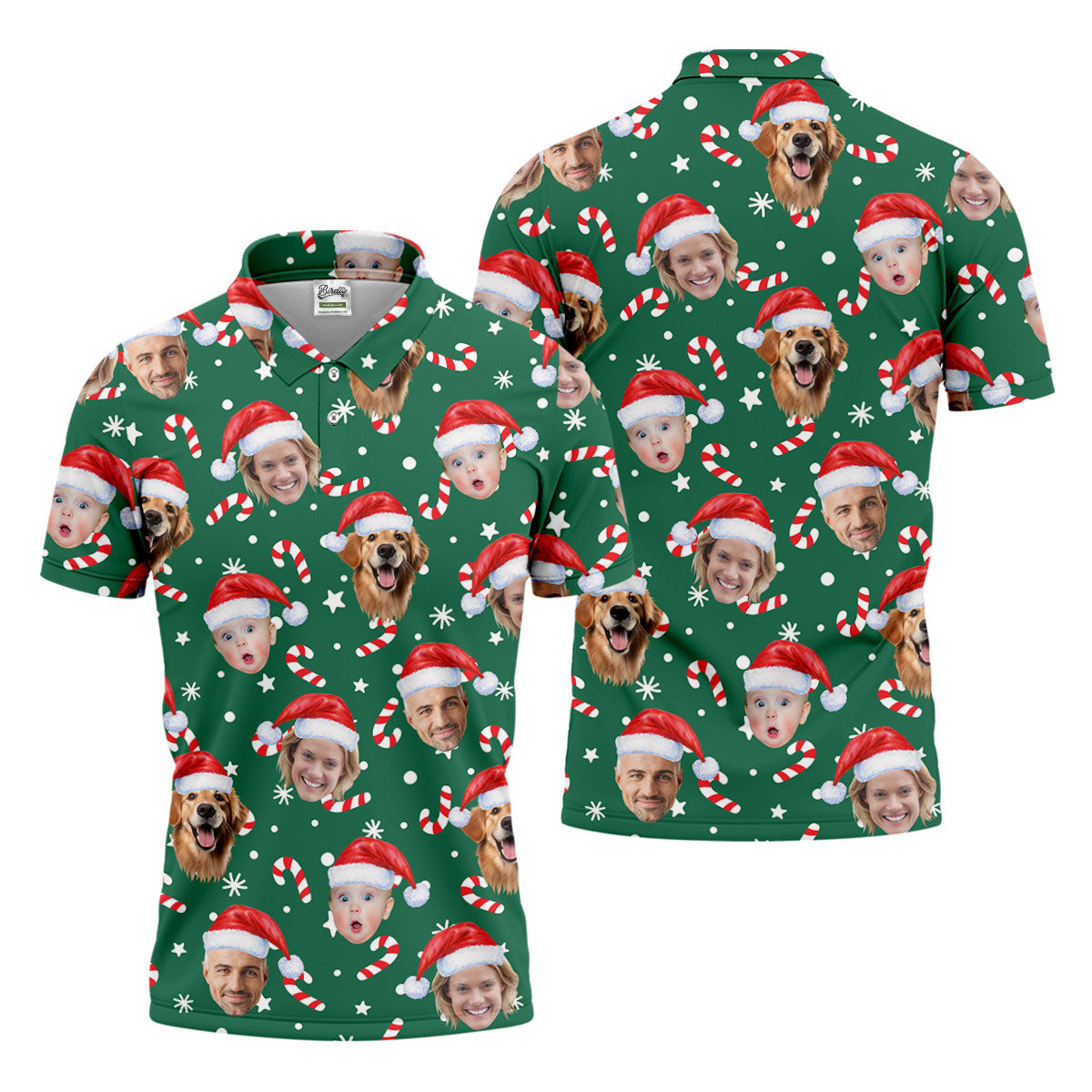 Custom Face Candy Cane Pattern Green Golf Shirt, Christmas Golf Shirt, Polo Shirts For Men, Golf Gift For Men