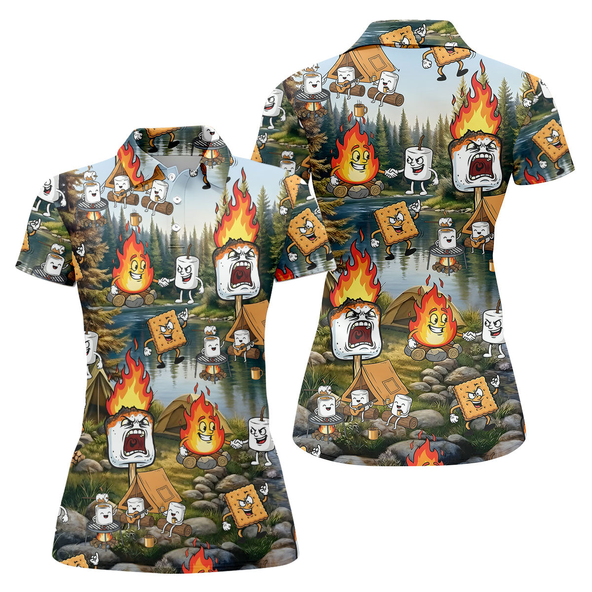 Cartoon Marshmallow, Graham Cracker and Campfire Characters Lake Camping Hawaiian Golf Polo, Golf Tops For Women, Golfing Apparel