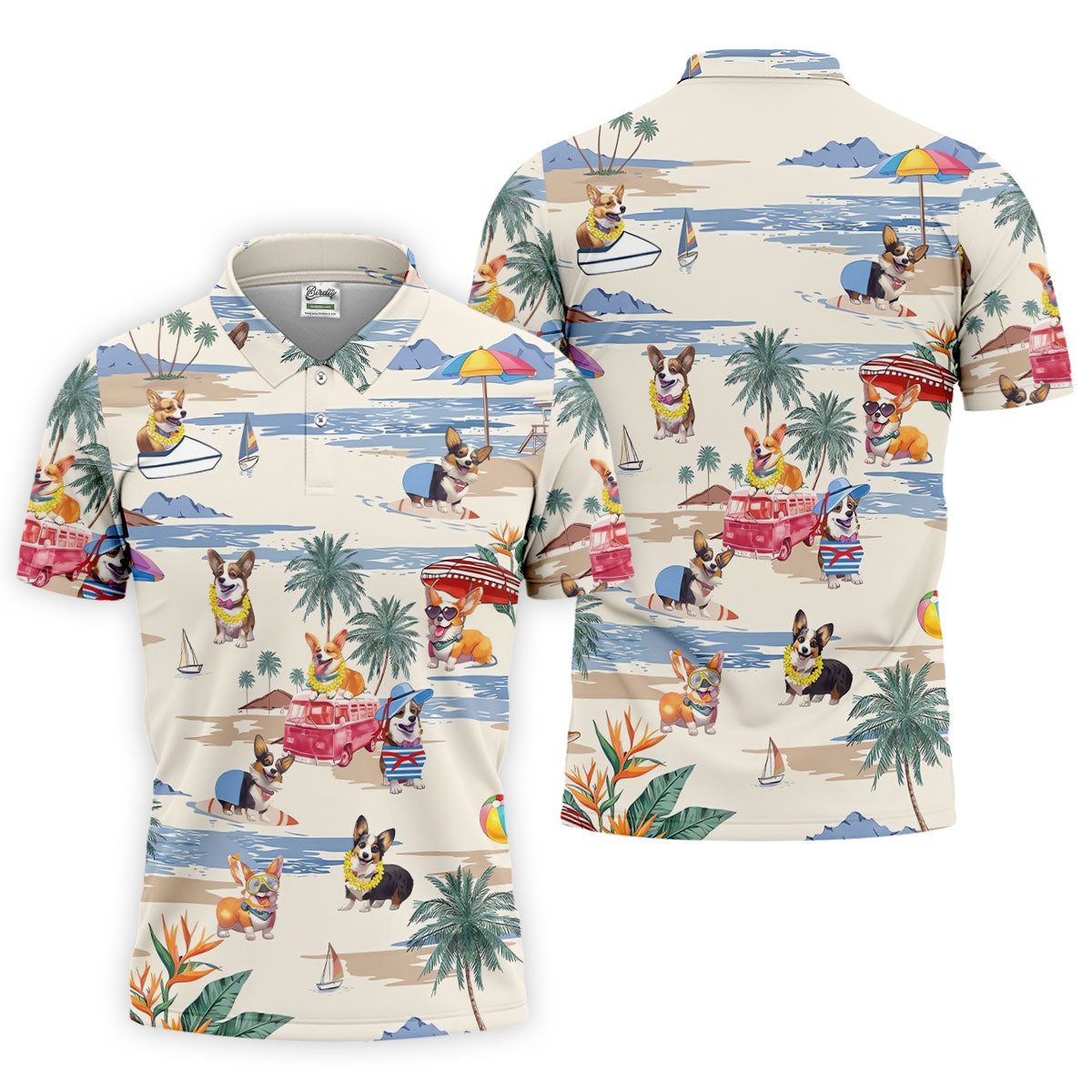 Cute Corgi Beach Vacation Golf Polo Shirt, Golf Polo Shirts For Men, Mens Golf Apparel