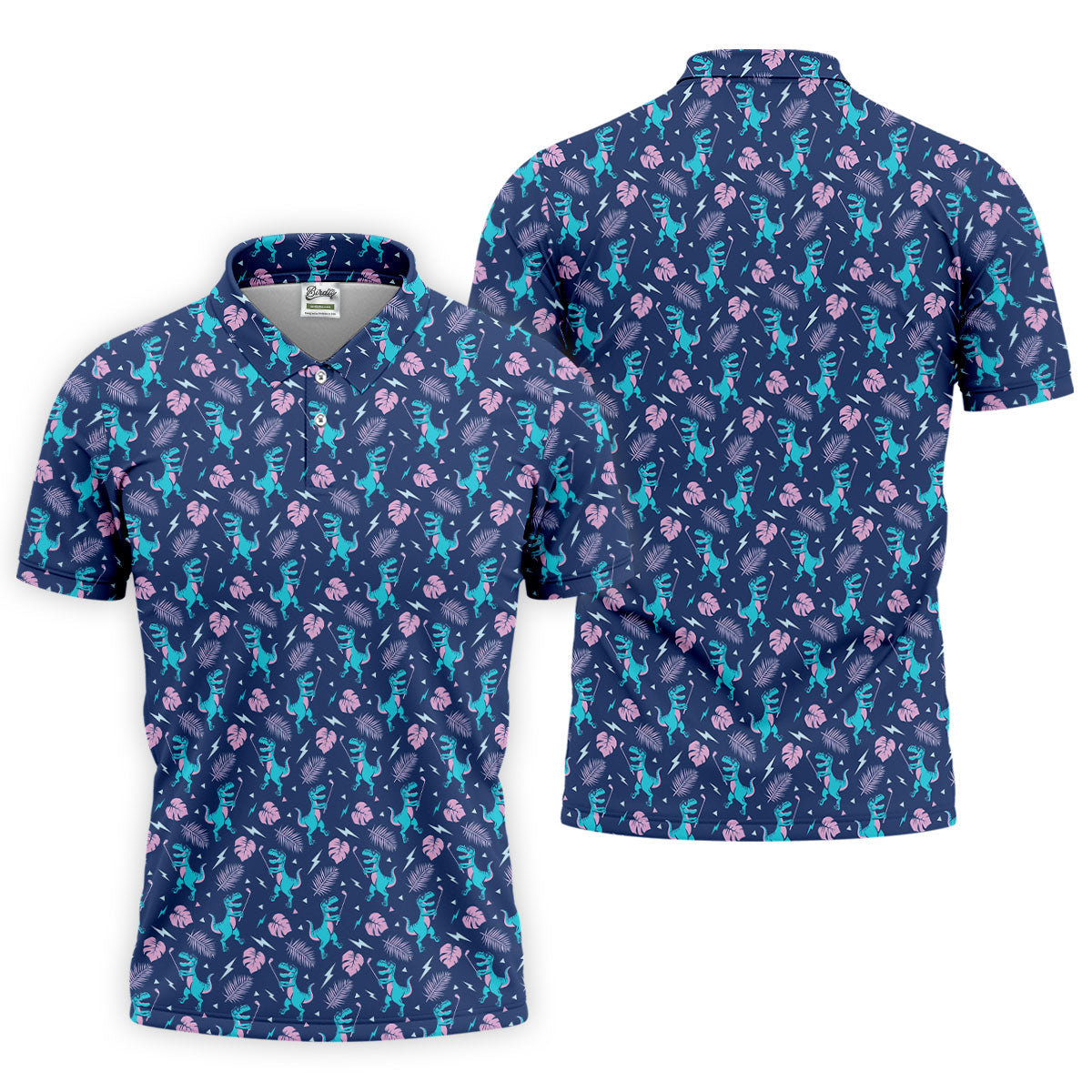 Funny Dinosaur Golfer Tropical Pattern Polo Shirt, Mens Golf Polo, Printed Golf Shirts