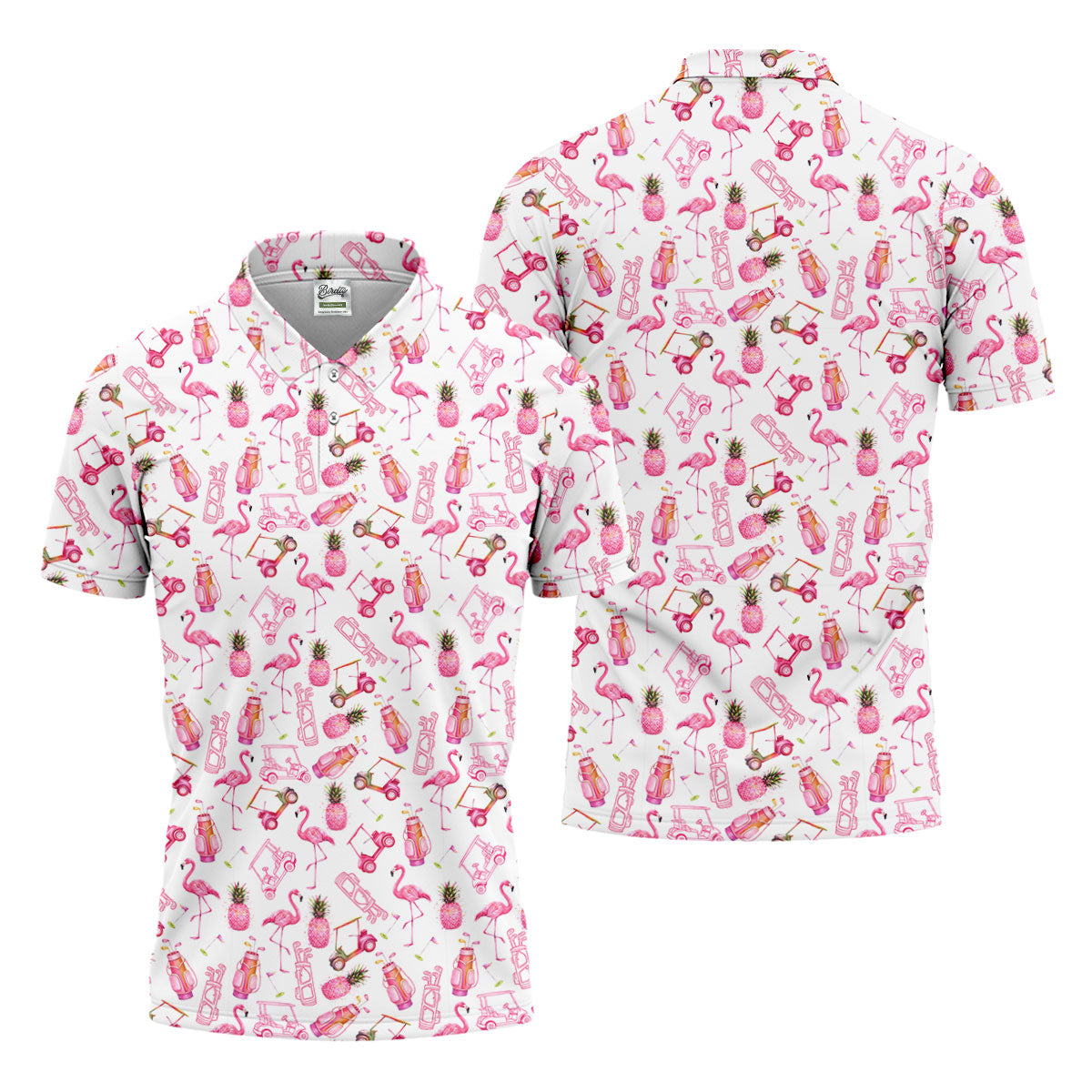 Funny Flamingo Pink Pineapple Tropical Vibe Golf Tops For Men, Men's Funny Golf Shirts, Polo Shirts For Men
