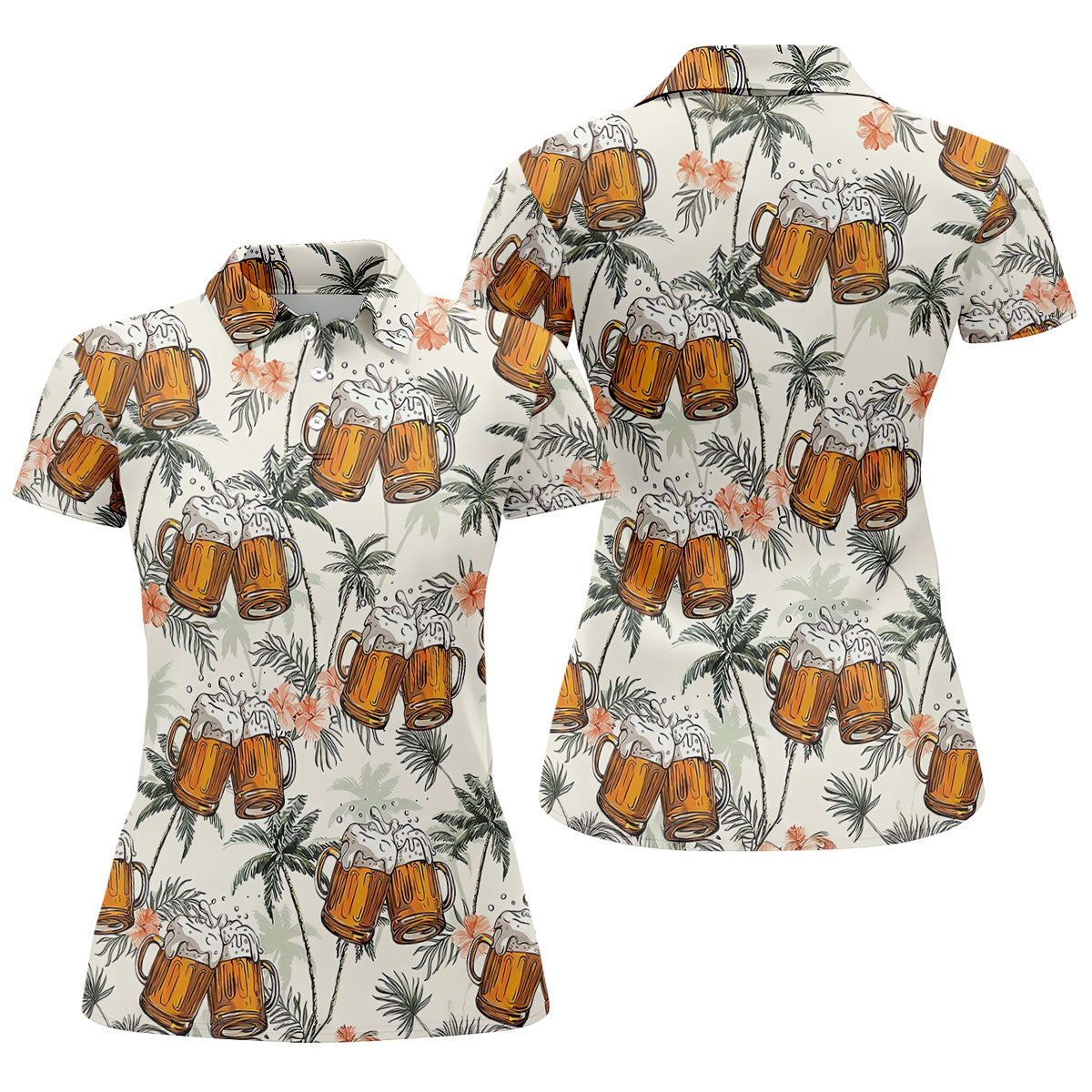 Tropical Palm Trees and Frosty Beer Mug Hawaiian Golf Polo, Golf Tops For Women, Golfing Apparel