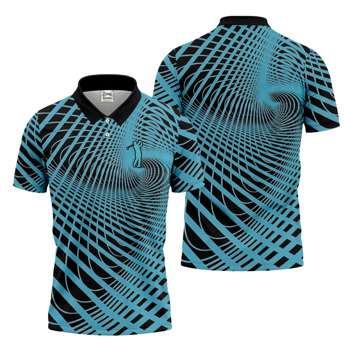 Swirling Vortex Black And Light Blue Golf Shirts For Men, Polo Shirts For Men, Golfing Apparel