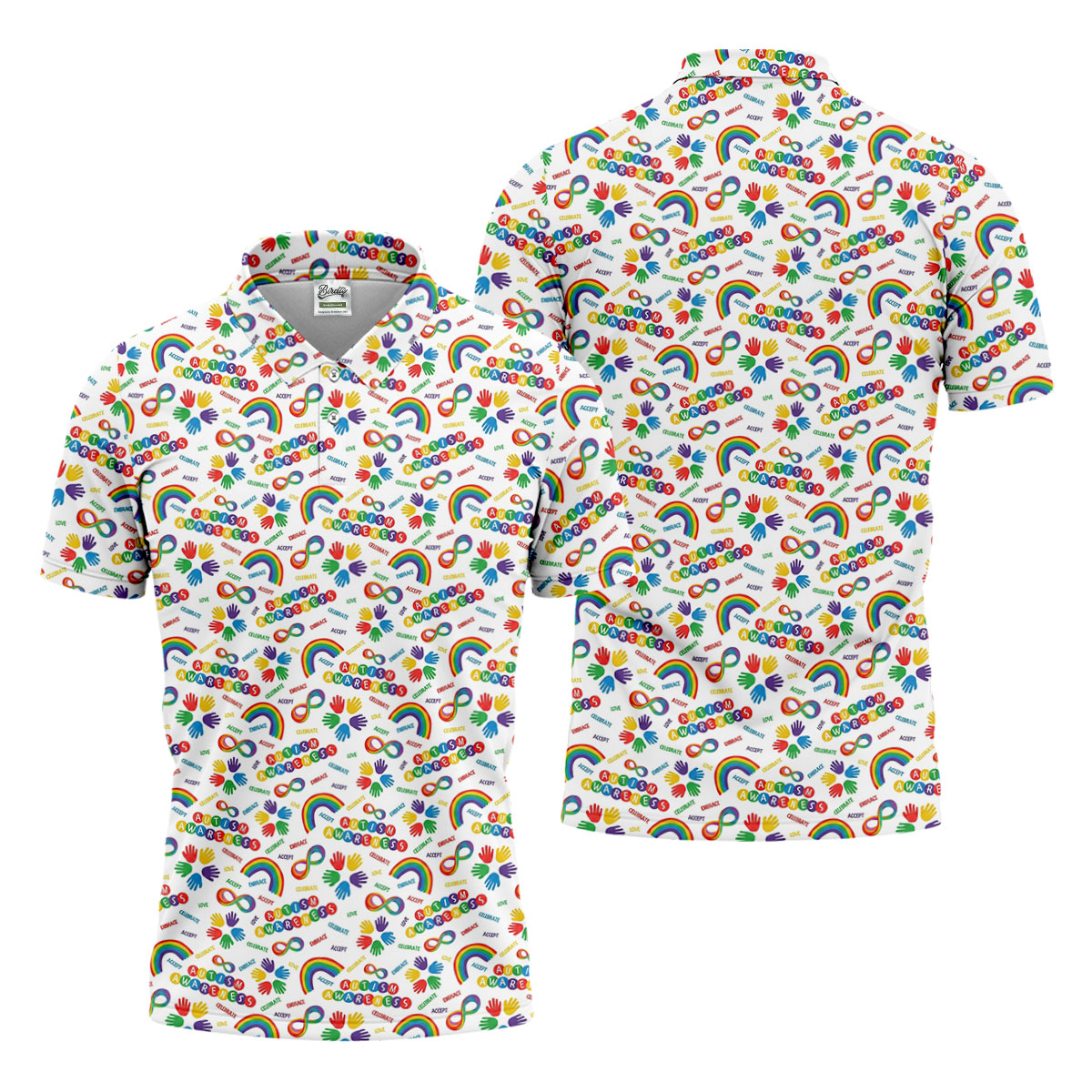 Autism Awareness Rainbow Pattern Colorful Handprints White Golf Shirt, Polo Shirts For Men
