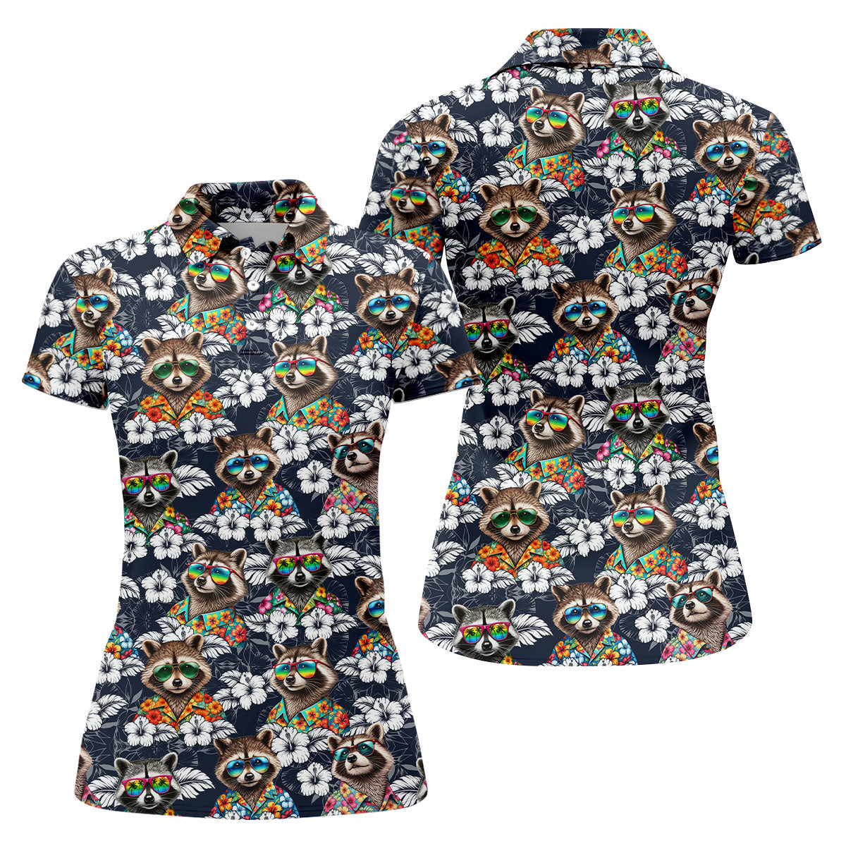 Cool Raccoons in Rainbow Sunglasses Hawaiian Golf Polo, Golf Tops For Women, Golfing Apparel
