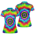 Rainbow Tie Dye Golf Shirt, Psychedelic Spiral Burst Pattern, Golf Shirt For Women