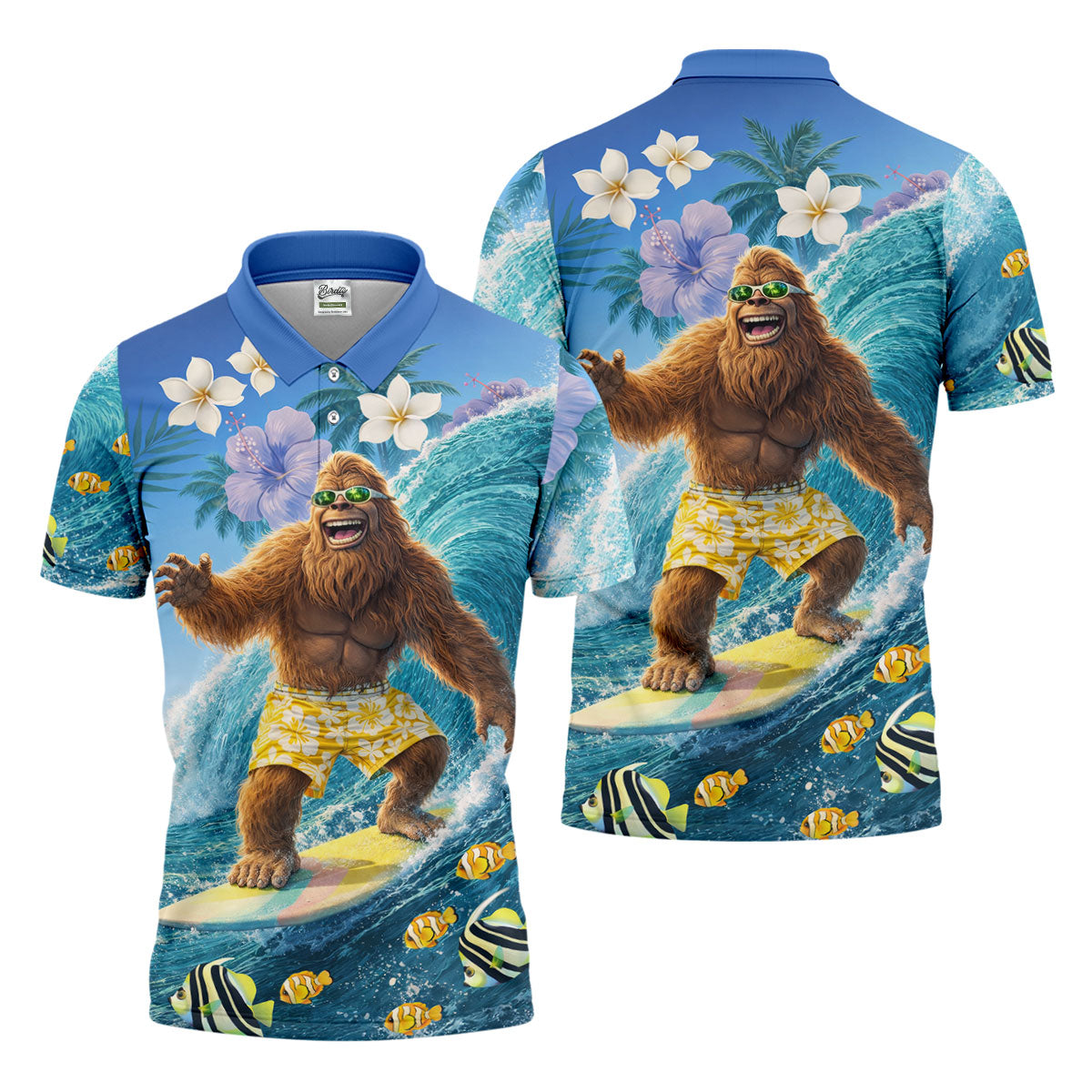 Surfing Bigfoot Riding Ocean Waves Design Hawaiian Golf Polo, Golf Tops For Men, Golfing Apparel