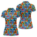 Blue Tropical Skeleton Surfer Pattern Golf Polo Shirt, Golf Shirts For Women, Women's Golf Polo
