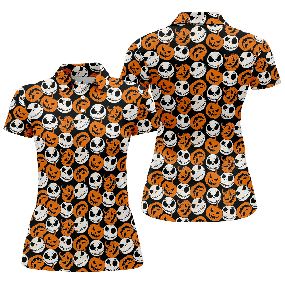 Halloween Skull Pumpkin Pattern Golf Polo Shirt, Ladies Golf Tops, Golf Shirts For Women